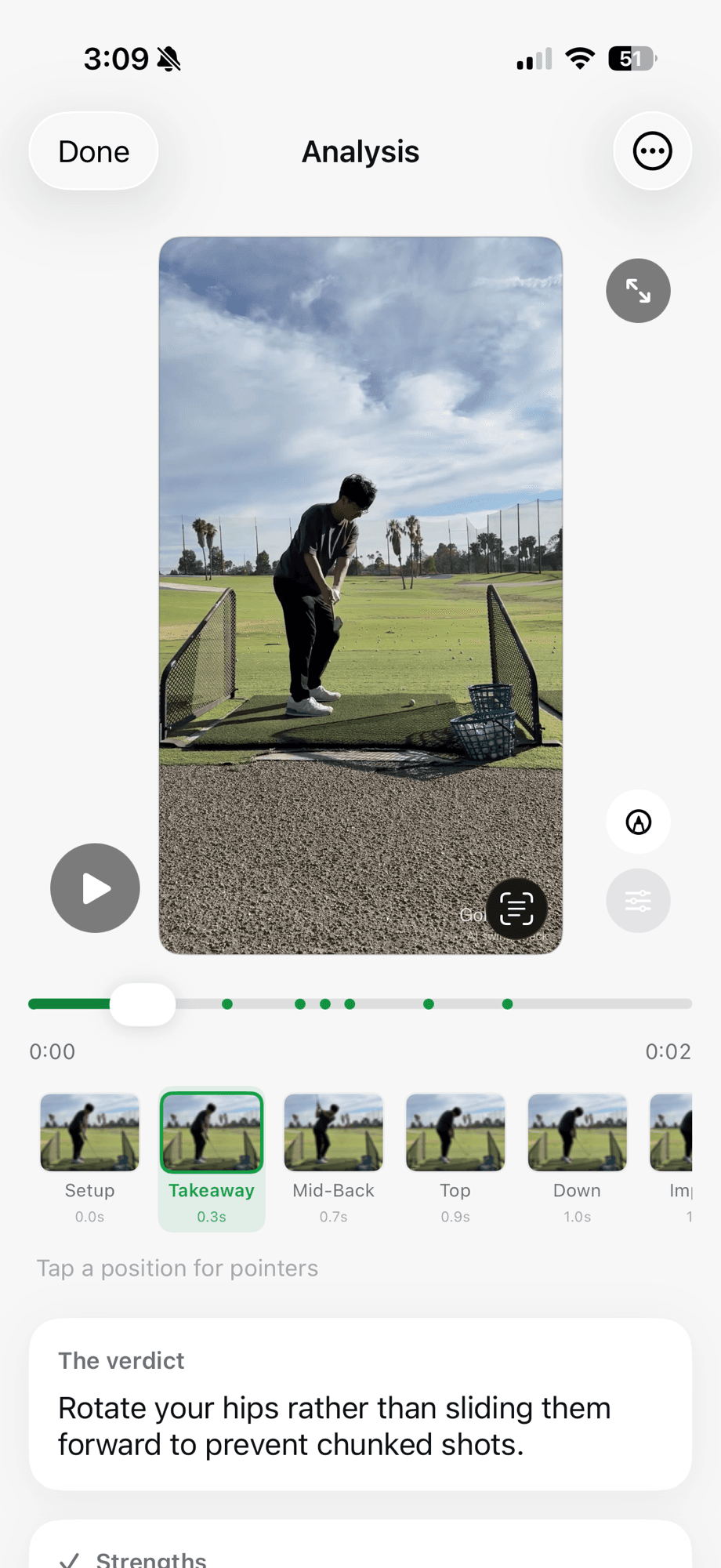 Golf Lab AI showing a recorded swing, eight positions and a priority verdict