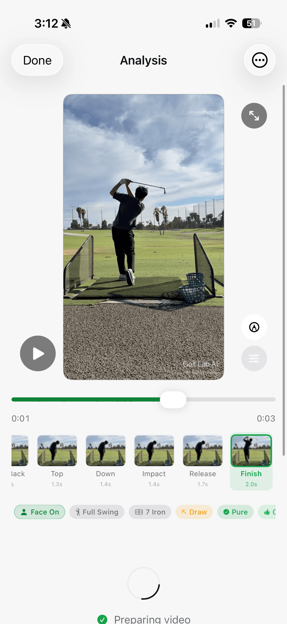 Golf Lab AI position bar showing setup through finish
