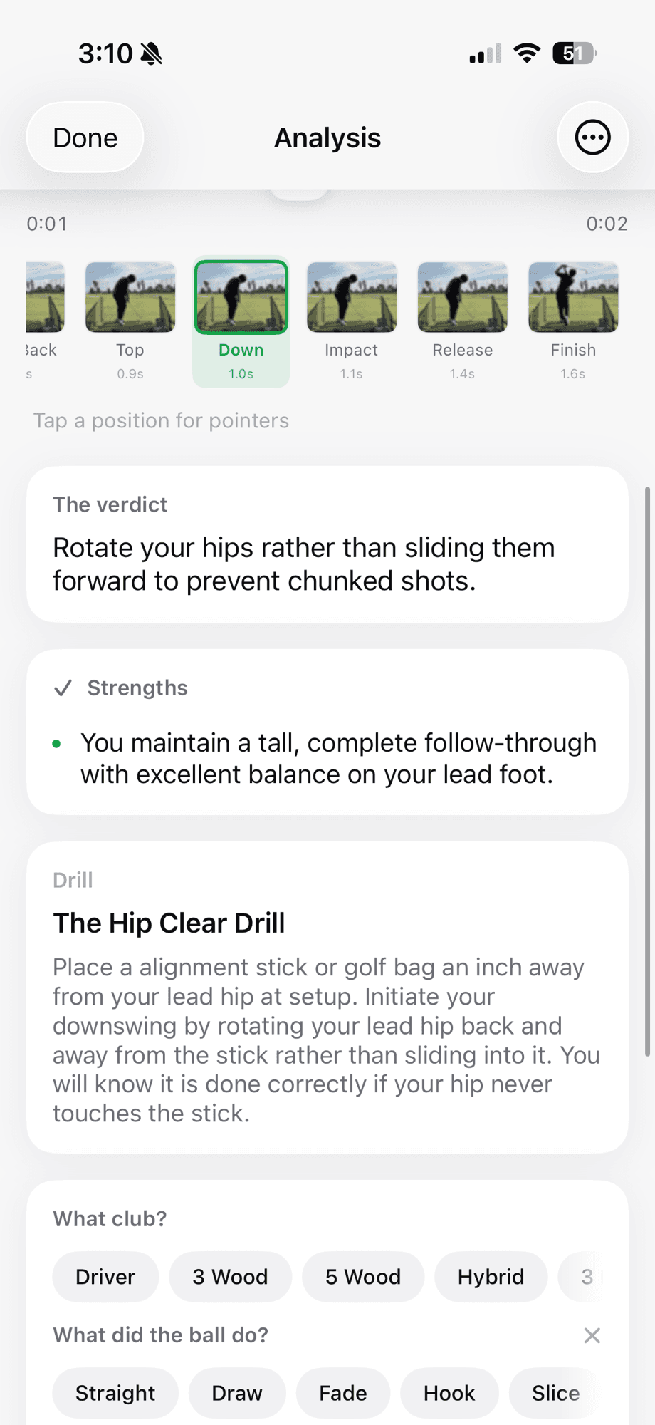Golf Lab AI verdict, strength and recommended drill