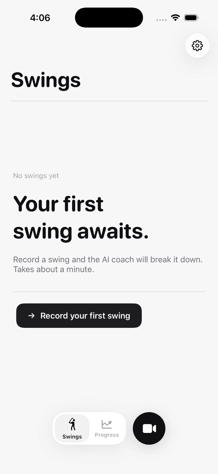 Golf Lab AI recording screen ready to capture a first swing
